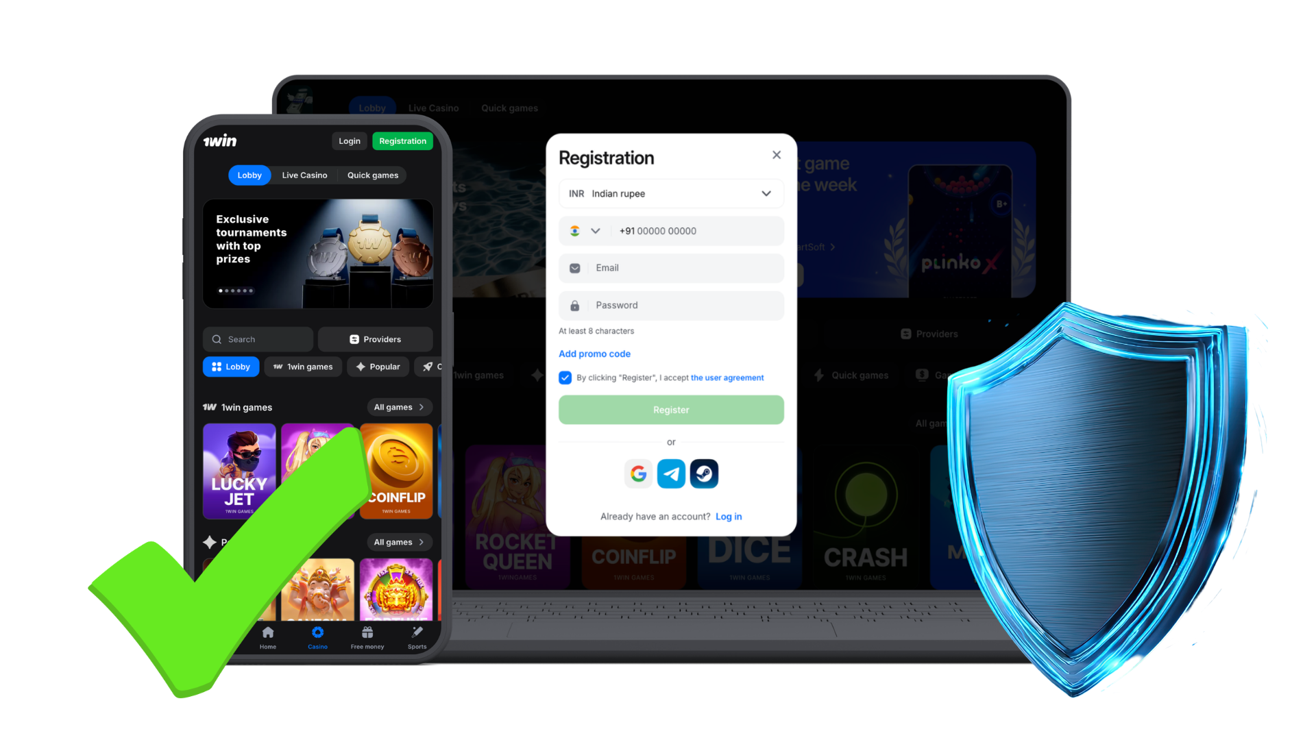 Secure registration screen on 1win with mobile and desktop interface, blue protection shield, and green checkmark on transparent background.