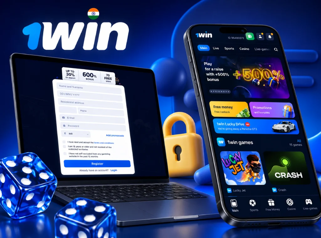 1win registration visual with laptop sign-up form, mobile app interface, blue dice, and security lock icon on a dark blue gaming background.