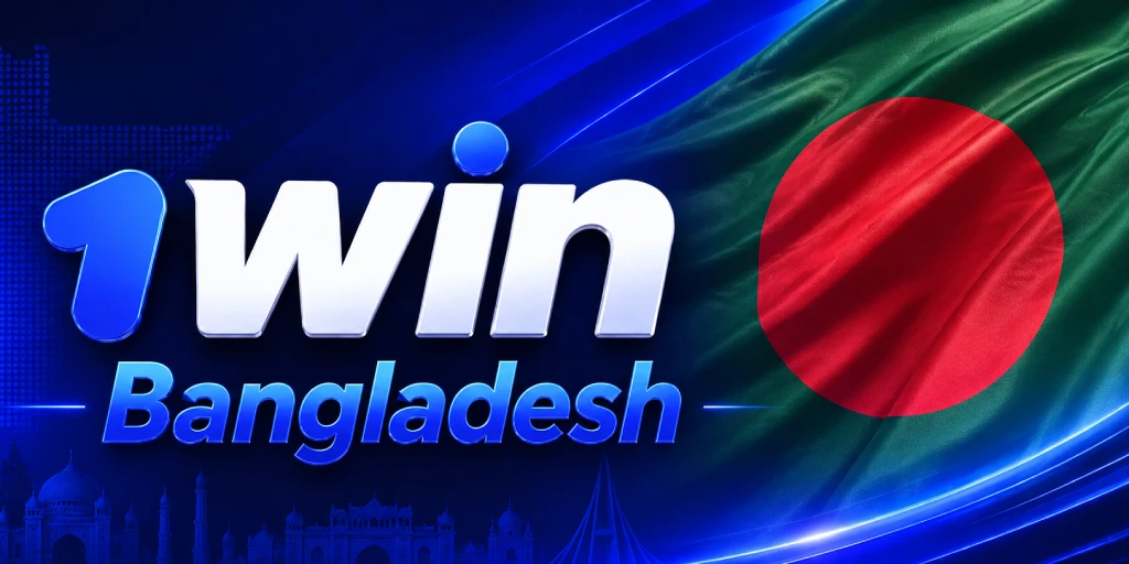 1win Bangladesh logo with a waving Bangladesh flag on a dark blue premium background.