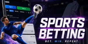 Sports betting promo with 1win mobile app, football player kicking the ball, and bold Sports Betting text.
