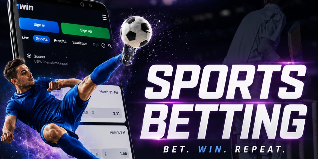Sports betting promo with 1win mobile app, football player kicking the ball, and bold Sports Betting text.